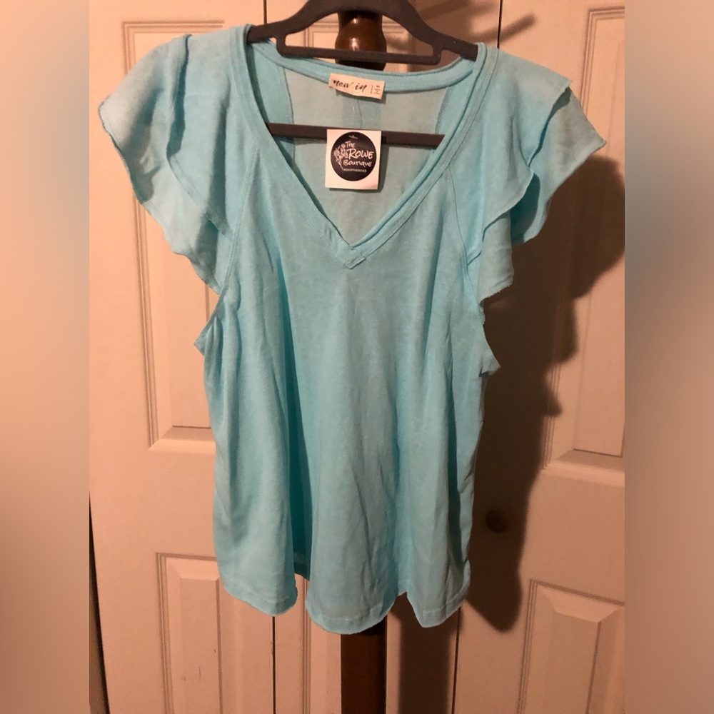Light blue V-Neck Ruffle Sleeve Blouse